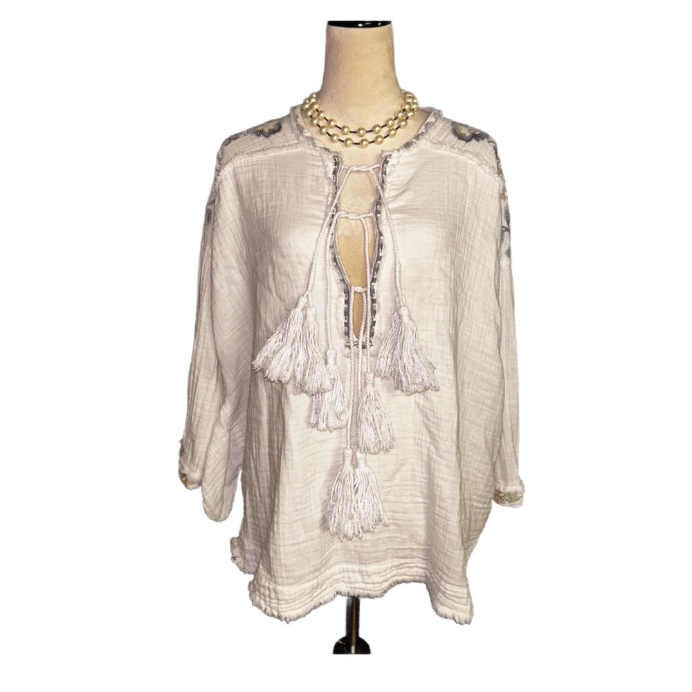 Johnny Was ~ Small ~ White W/Silver & Gray Floral Embroidery Triple Tassel Top - Picture 4 of 16
